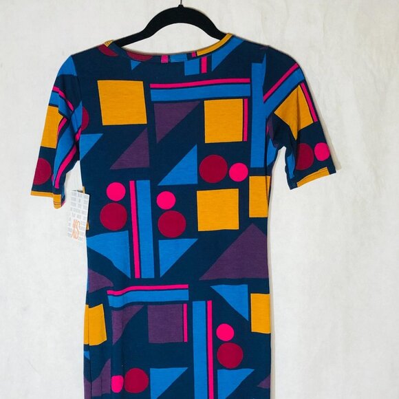LuLaRoe Julia dress geometric blue yellow purple polyester size xs READ new - Picture 11 of 11